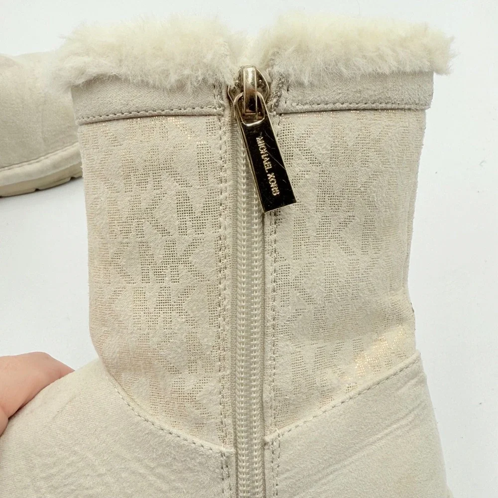 Michael Kors Kids MK Logo Snow Boots Faux Fur‎ Lined Zip Cream Size 11
